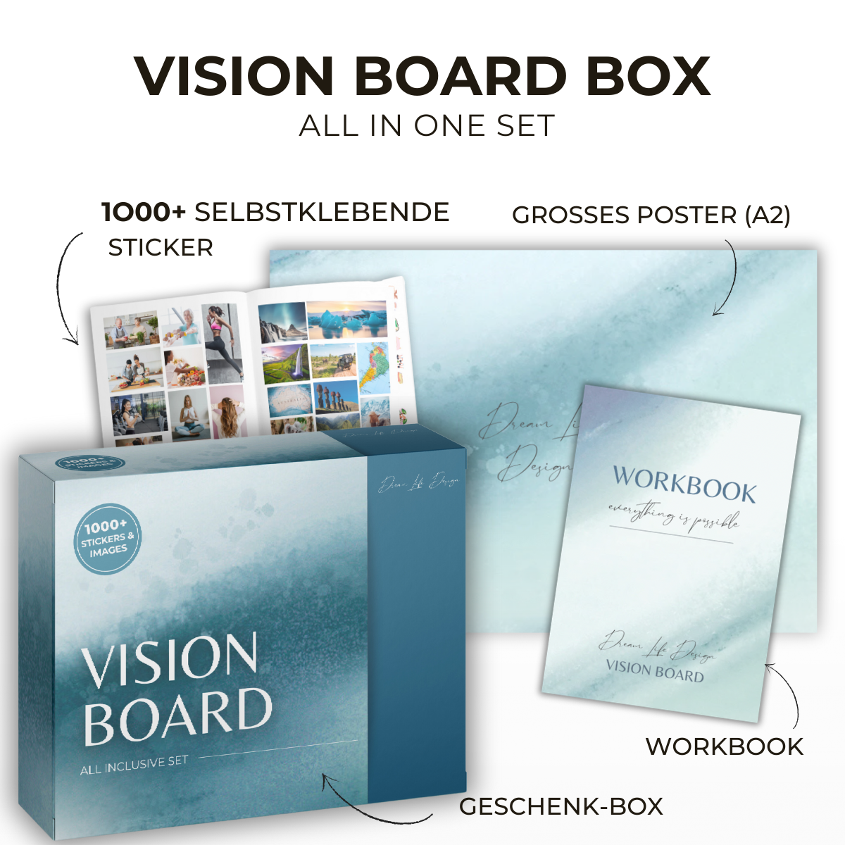 Vision Board Set | All in One Box inkl. A2 Poster, 1000+ selbstklebende Bilder & Sticker, Workbook