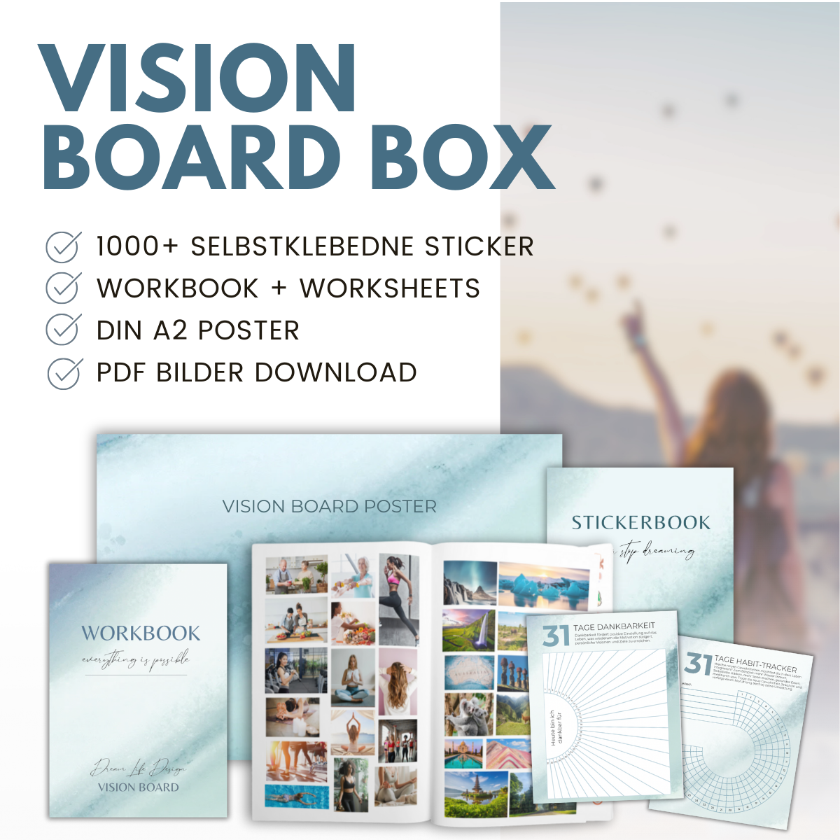 Vision Board Set | All in One Box inkl. A2 Poster, 1000+ selbstklebende Bilder & Sticker, Workbook