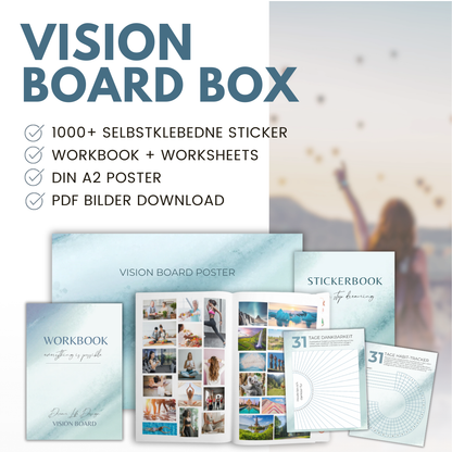 Vision Board Set | All in One Box inkl. A2 Poster, 1000+ selbstklebende Bilder & Sticker, Workbook