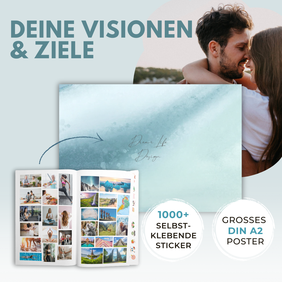 Vision Board Set | All in One Box inkl. A2 Poster, 1000+ selbstklebende Bilder & Sticker, Workbook